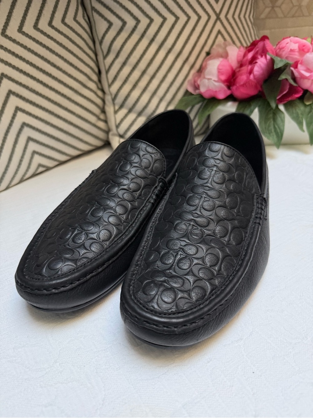 Coach Jake Driving Black C Logo Embossed Leather Slip-On Loafers